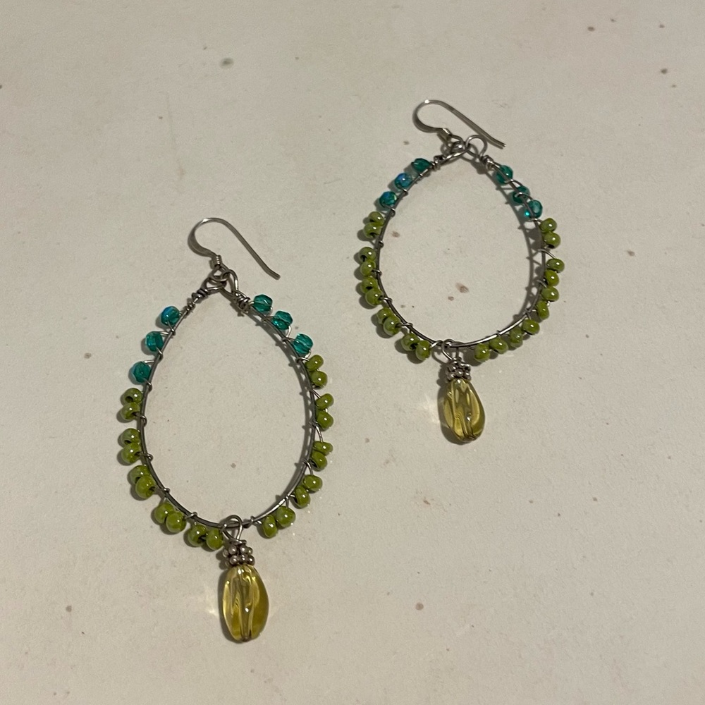 Multicolored beaded hanging earrings, turquoise, green and yellow